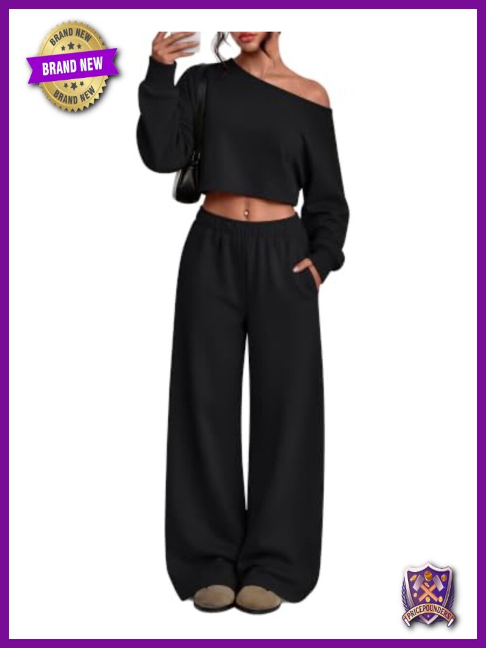 Womens 2 Piece Off Shoulder Sweatsuit Lounge Set Wide Leg Pants